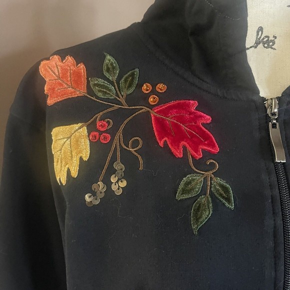 Mandal Bay Zip Up Fall Velvet Leaves Leaves Black Jacket/Cardigan  Large Cotton - Picture 10 of 12